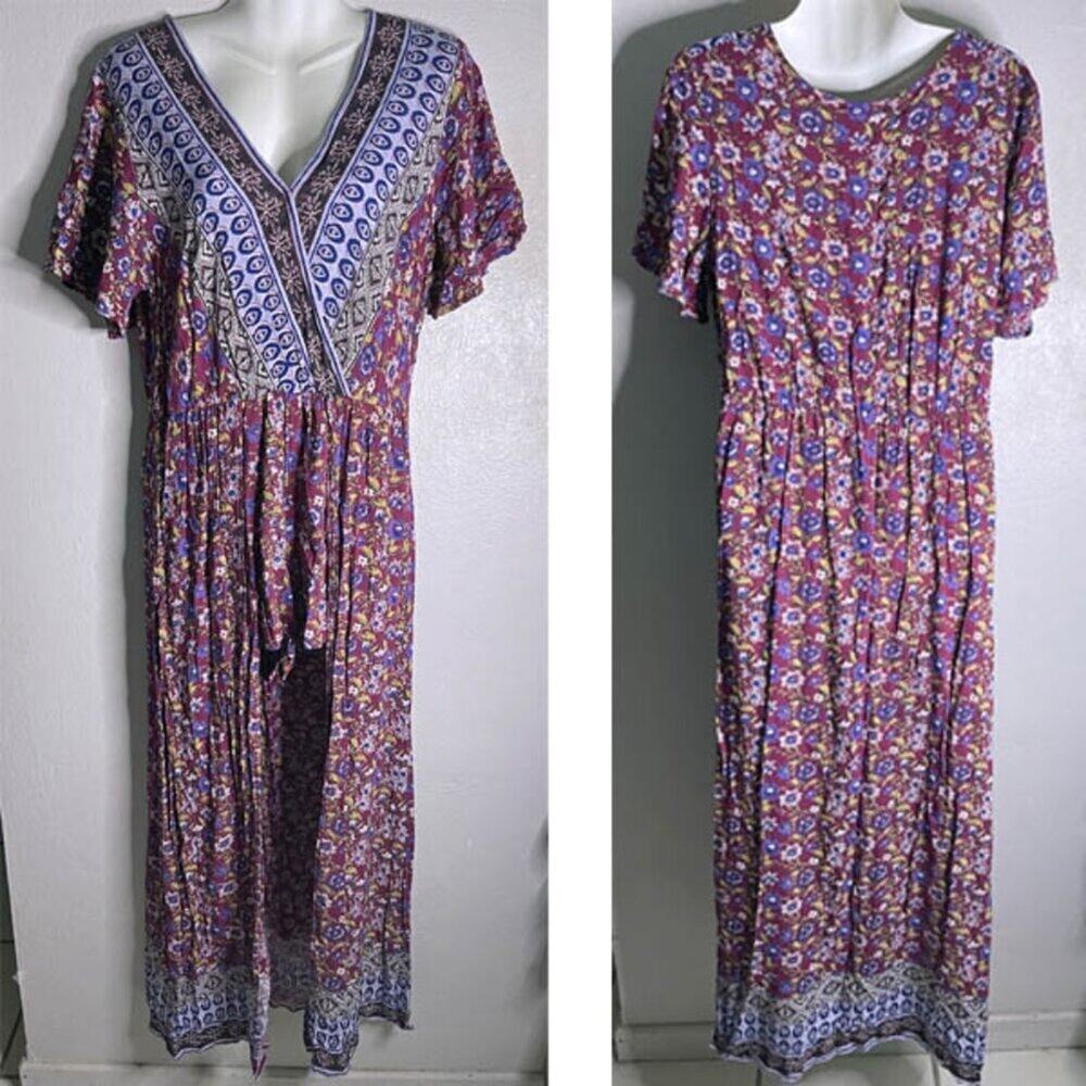 Vintage Angie Boho Wide Leg Romper Jumpsuit Maroon Size Large